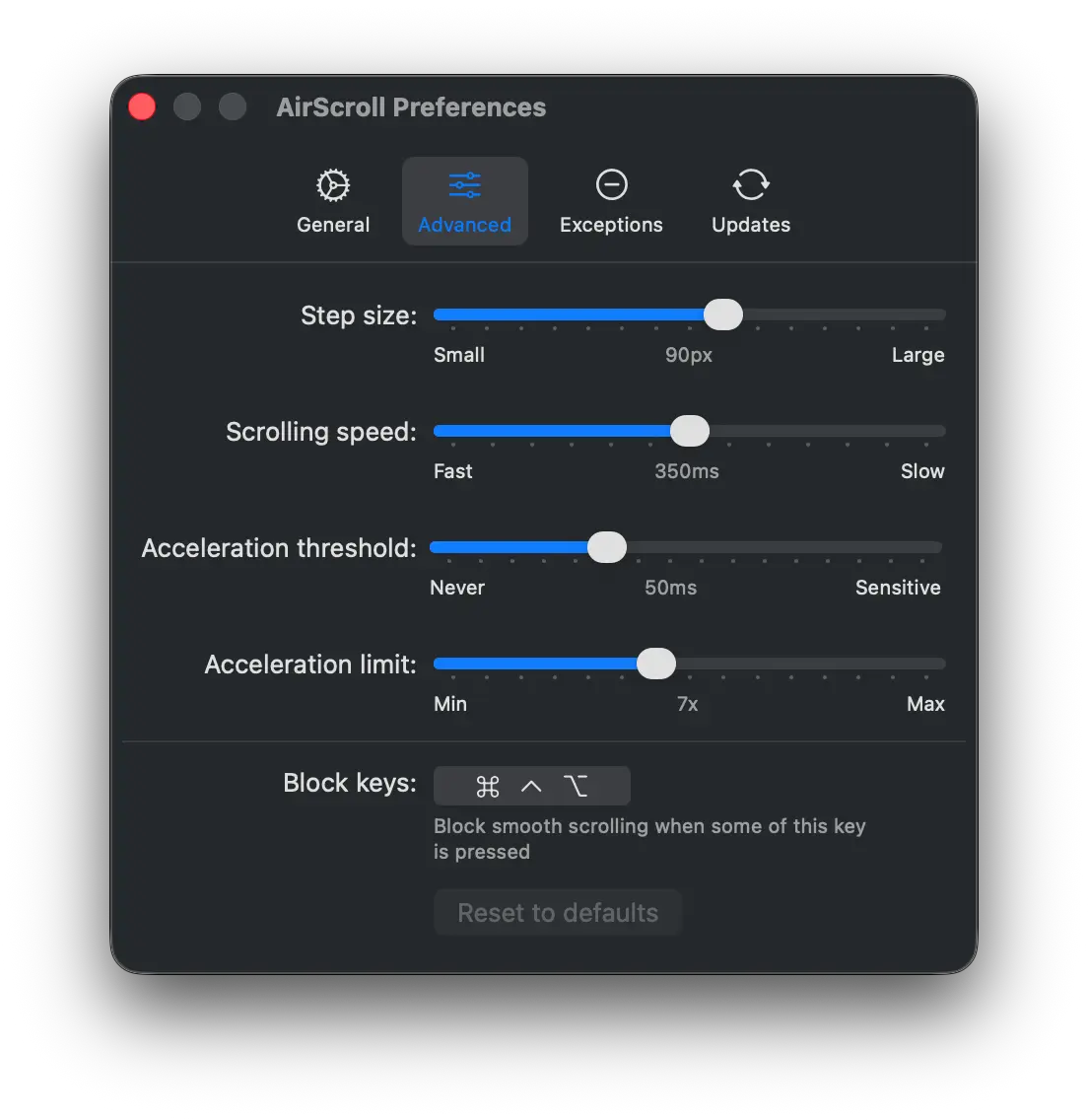 Screenshot of customizable scroll settings in AirScroll