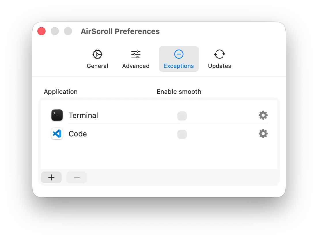 Screenshot showing per-app scroll settings in AirScroll