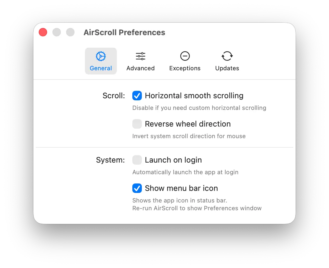 Screenshot of general settings in AirScroll